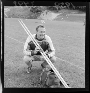 Unidentified athlete with javalin sticks, Hataitai Park, Wellington