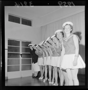 Hutt Kindergarten Mother's Variety show, with line up of women in sailor suits for [song and dance performance]
