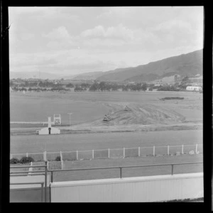 View of Hutt Park Racecourse under repair, Lower Hutt Valley, Wellington Region