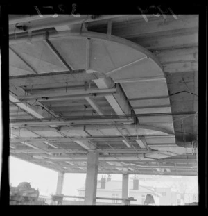 Electrical and communications circuits at Shell House, view of ceiling air conditioning ducts and pipes during construction of building, The Terrace, Wellington City
