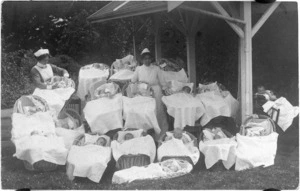 Babies and nurses, Karitane Hospital grounds, Andersons Bay, Dunedin