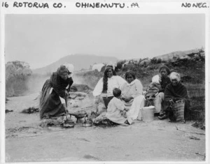 Seloon, fl 1903 (Firm) : Photograph of Maori women and children by hot springs at Ohinemutu