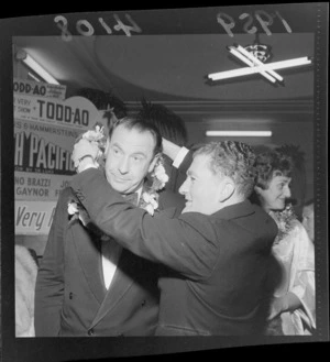 Mayor Frank Kitts and Theatre Manager Mr A. Jamieson at the premiere of the film 'South Pacific', Kings Theatre, Wellington