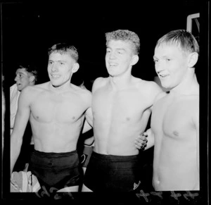Unidentified male swimmers at Naenae Pool Championships, Lower Hutt, Wellington Region, (from left) unidentified male in the background, W Smith, G Dann and M Court
