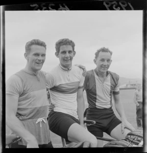 Group of unidentified male cyclists, at a Athletics meeting, Laycold Cup, probably in Wellington