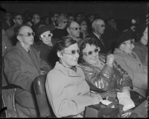 Members of an audience viewing a 3D film at the Tudor Theatre, Wellington