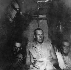 Three New Zealand soldiers in a dug-out, Gallipoli, Turkey