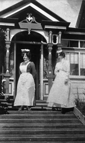 Two unidentified nurses outside an unknown hospital in Wellington