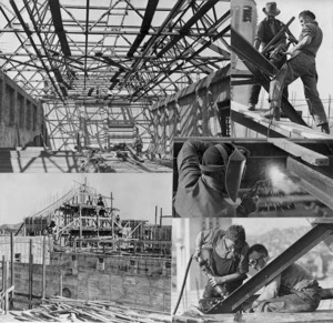 Montage of images showing the Dominion Museum under construction, Buckle Street, Wellington