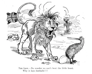 Rayner, Frederick Richard, fl 1893-1908 :The Lion. - No wonder we can't beat the little beast. Why it lays footballs!!! The Sketcher souvenir, June 27, 1908. [page] 23.