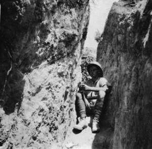New Zealand soldier sitting in trench, Gallipoli, Turkey