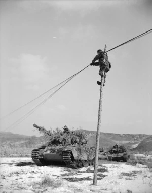 New Zealand Army linesman raising communication lines to give clearance for tanks
