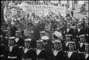 Sailors from the HMNZS Taranaki, and anti Vietnam war protesters, at the opening of Parliament in Wellington