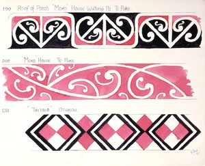 Godber, Albert Percy, 1876-1949 :[Drawings of Maori rafter patterns]. 199. Roof of porch "Moko" house, Waitangi Pa, Te Puke; 200. "Moko" House, Te Puke; 201. "Taitaia", Otukou. [1947].