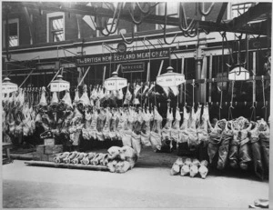 Display of frozen export carcasses outside the British New Zealand Meat Company, Christchurch