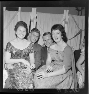 Group of unidentified guests at student nurses' Christmas dance, at The Blue Domino cabaret, Wellington region