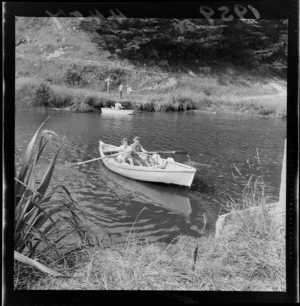 Two unidentified members of the Girl Guides, rowing, Makara, Wellington