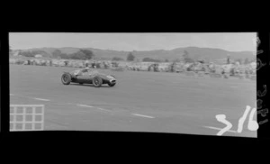 View of Bruce McLaren on a practice run at Ardmore Aerodrome Racetrack, South Auckland