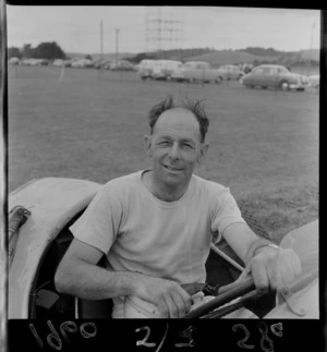 Portrait of Ronald Roycroft, Grand Prix Driver at Ardmore Aerodrome Racetrack, South Auckland