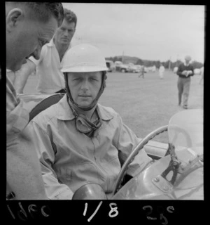 Portrait of [Arnold Glass?] at Ardmore Aerodrome Racetrack, South Auckland