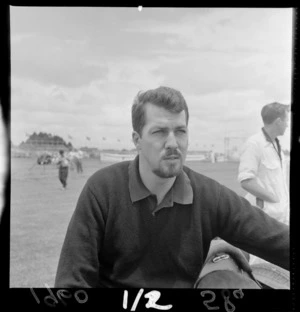Portrait of [J Bonnier?] at Ardmore Aerodrome Racetrack, South Auckland
