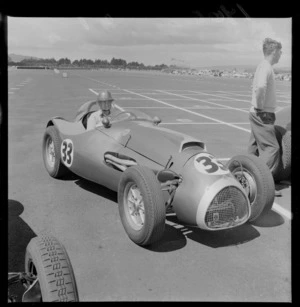 Len Gilbert in his Cooper-Bristol race car No.33 at Ardmore Aerodrome Racetrack, South Auckland