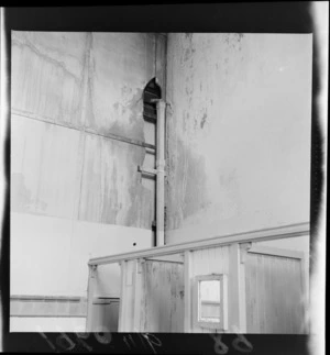 Interior view of Rotorua Bath House with dilapidated wall roof drainage pipes, Bay of Plenty Region