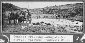 Mail coaches crossing Maungatoetoe Stream, on the Waiouru-Tokaanu road