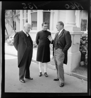 Sir Walter Nash, the High Commissioner for India (in Australia) Shri Samar Sen and Lord Cobham at Government House, Wellington