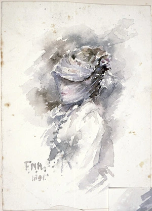 Hodgkins, Frances Mary, 1869-1947 :[Woman with veil] 1891.