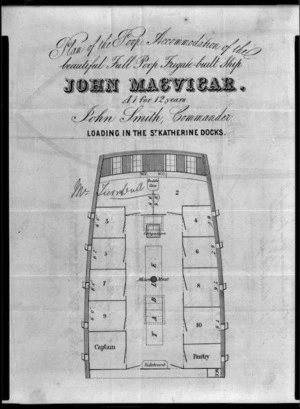 Artist unknown :Plan of the poop accommodation of the beautiful full poop frigate-built ship John MacVicar. ... Loading in the St Katherine Docks [1857?]