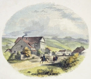 [Brees, Samuel Charles] 1810-1865 :Wesleyan Mission premises, Wellington, New Zealand [Engraved by] E Whimper [London] 1852