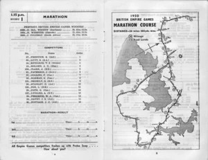 British Empire Games, Auckland, New Zealand, 1950 :Marathon [and] marathon course. [Athletics, fourth day. Saturday, 11th February at Eden Park. Official programme. 1950. Pages 4-5].