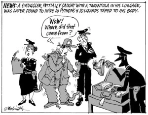 News- A smuggler, initially caught with a tarantula in his luggage, was later found to have 14 pythons & 10 lizards taped to his body. "Wow! Where did that come from? 28 October 2009