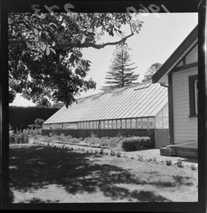 Exterior view of the glasshouse, Riddiford Estate, Woburn, Lower Hutt