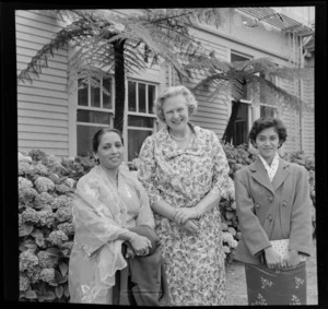 Lady Cobham with Puan Sharifah Rodziah, wife of Tengku Abdul Rahman, Malayan Prime Minister and their daughter-in-law Puan Sharifah Noor Azah at Government House, Wellington