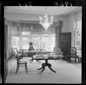 Interior view of a room at Riddiford Estate including a chandelier, Woburn, Lower Hutt