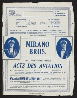 Here at last! The world's greatest aerial artists. Mirano Bros and their world famous acts des aviation. Act No 1 The Flying Torpedo; Act no 2 Looping the loop. Act no. 3 - a series of unparalleled feats on the high perch. Wright & Jaques, printers, Auckland. [1924?]
