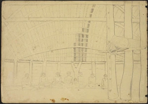 [Turnbull, Henry Hume] d 1858 :[Interior of a large Samoan meeting house, with a group of chiefs seated in a line at a meeting, 1849]