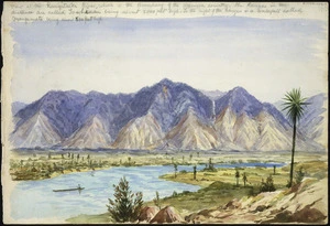 [Ryan, Thomas], 1864-1927 :View at the Rangitaiki River, which is the boundary of the Urewera country. The ranges in the distance are called Tawhiuau being about 3000 feet high. To the right of the ranges is a waterfall called Mangamate being about 500 feet high. [1891].