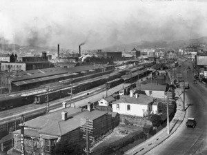 Lambton Station railway yards, and houses on Thorndon Quay, Wellington