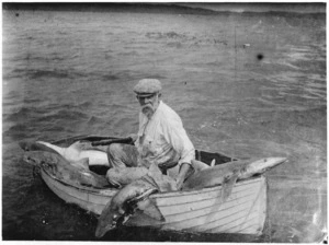 Creator Unknown :Photograph of Gilbert Mair in a rowboat, Whangarei