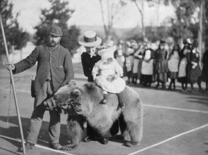 Child being given a ride on a performing bear