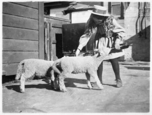 Girl bottle-feeding lambs