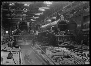 Petone Railway Workshops. Interior view of the erecting shop circa 1921.