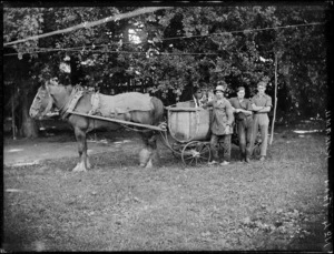 Group with horse drawn cart, Karamu, Hawke's Bay Region