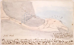 [Taylor, Richard], 1805-1873 :The course of the avalanche which destroyed Te Rapa. 1. Te Heuheu's house. 2. his son's house. 3. a swinging pole still standing 4. a waterfall of about 12 feet found since the destruction of the place. 5. The gorge of the valley stopped up by the land slip. 6. The land slip. 7. The stream of Abraham's torch[?]. 9.[sic] The trees in the lake. 10. Hot springs. 11. Te Rapa. July 1846.