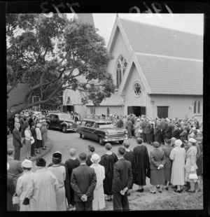 Funeral of Dame Elizabeth Gilmer, held at the Old Saint Pauls Church, including mourners lined up to pay their respects, Thorndon, Wellington