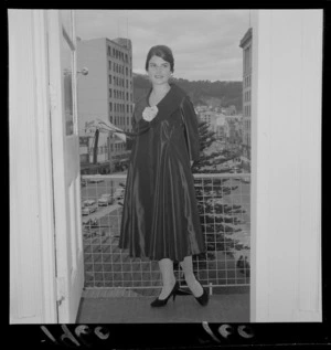 Model wearing maternity dress for a fashion show, at the Royal Oak Hotel, Cuba Street, Wellington