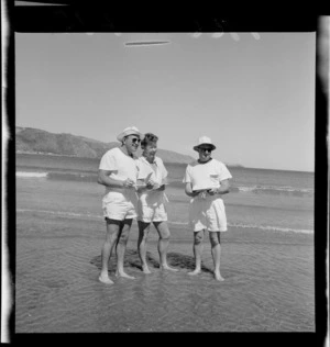 Surf Lifesaving Championships, Lyall Bay, Wellington, showing three unidentified male judges